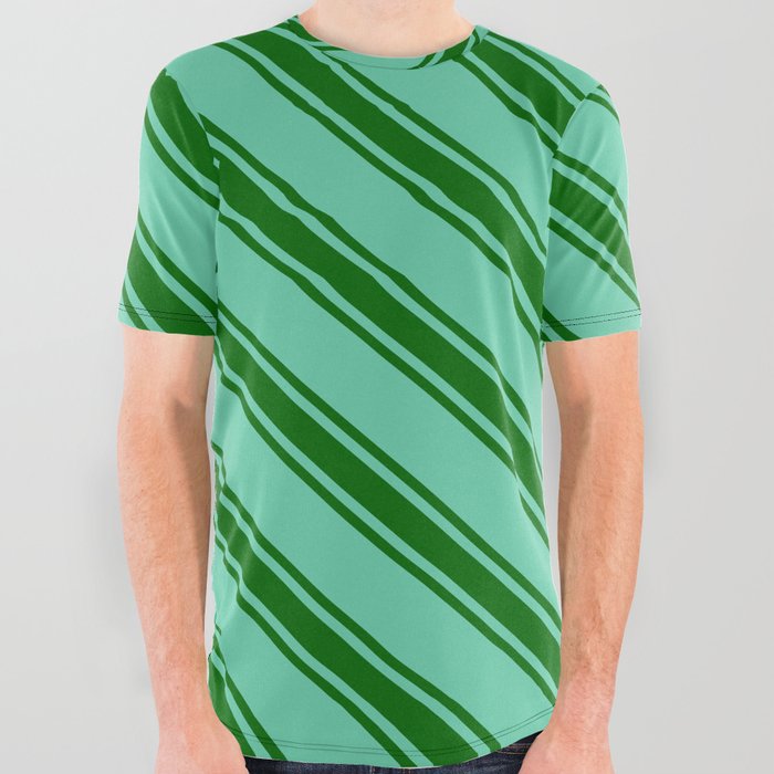 Aquamarine & Dark Green Colored Stripes/Lines Pattern All Over Graphic Tee