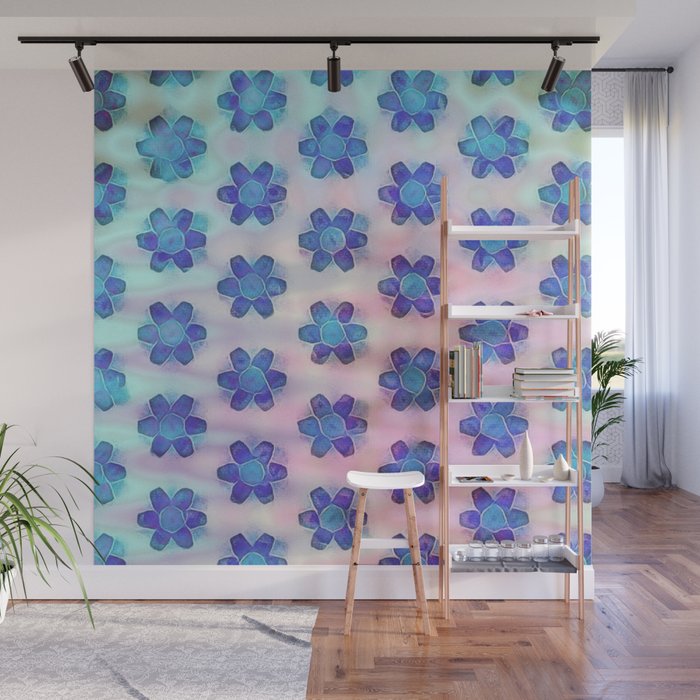Modern Daisies Blue On Pastel Pink Pond Wall Mural