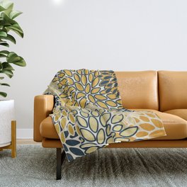 Floral Prints, Abstract Art, Navy Blue and Mustard Yellow, Coloured Prints Throw Blanket