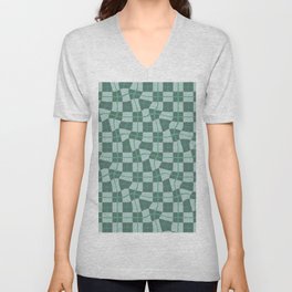Warped Checkerboard Grid Illustration Playful Teal Green V Neck T Shirt