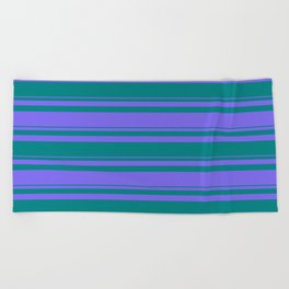 [ Thumbnail: Teal & Medium Slate Blue Colored Striped/Lined Pattern Beach Towel ]