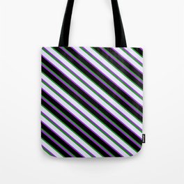 [ Thumbnail: Forest Green, Lavender, Dark Orchid, and Black Colored Striped Pattern Tote Bag ]