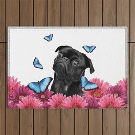 Back pug with pink Gerber and blue morph butterfies Outdoor Rug