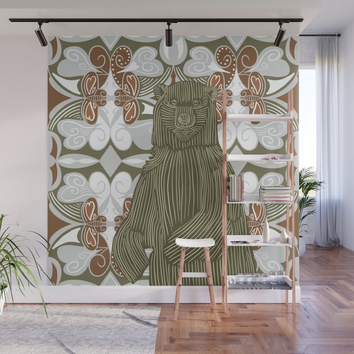 Bear standing on a red pattern background Wall Mural