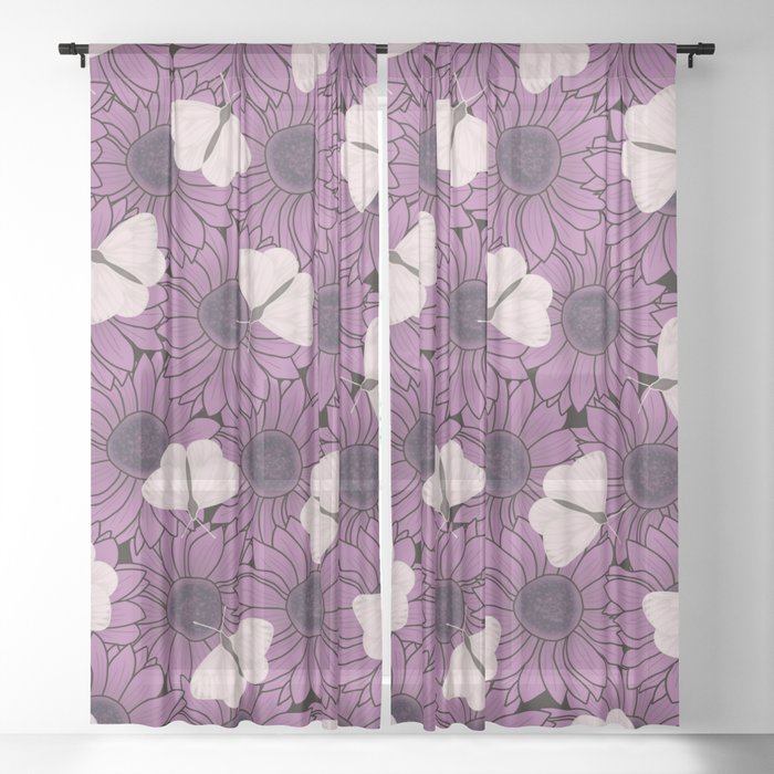 Purple Flowers and Butterflies Sheer Curtain