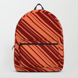 [ Thumbnail: Coral & Maroon Colored Lined/Striped Pattern Backpack ]