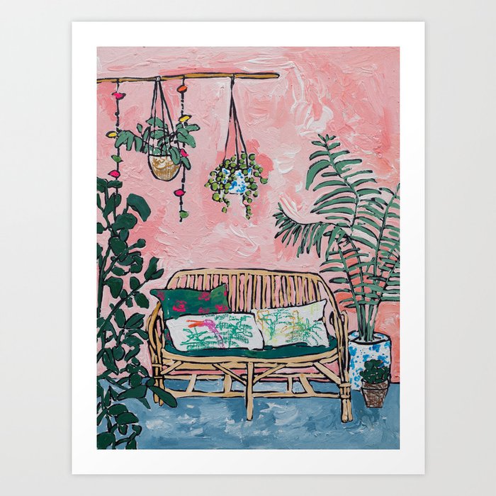 Rattan Bench in Painterly Pink Jungle Room Kunstdrucke Rattan Bench in Painterly Pink Jungle Room Kunstdrucke