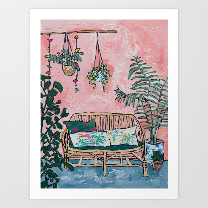 Rattan Bench in Painterly Pink Jungle Room Art Print