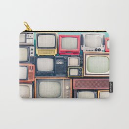Retro TV receivers set from circa 60s, 70s and 80s of XX century, old wooden television stand with amplifier front mint blue wall background. Broadcasting, news concept. Vintage style filtered photo Carry-All Pouch