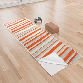 [ Thumbnail: Light Grey, Red, and Beige Colored Striped Pattern Yoga Towel ]
