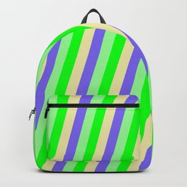 [ Thumbnail: Lime, Pale Goldenrod, Medium Slate Blue, and Green Colored Lined/Striped Pattern Backpack ]