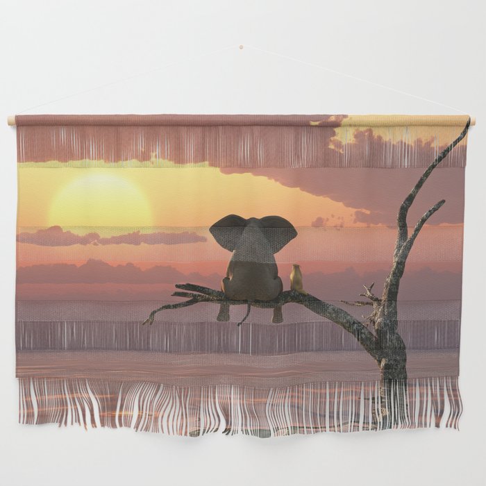 elephant and dog sit on a tree during a flood(2) Wall Hanging