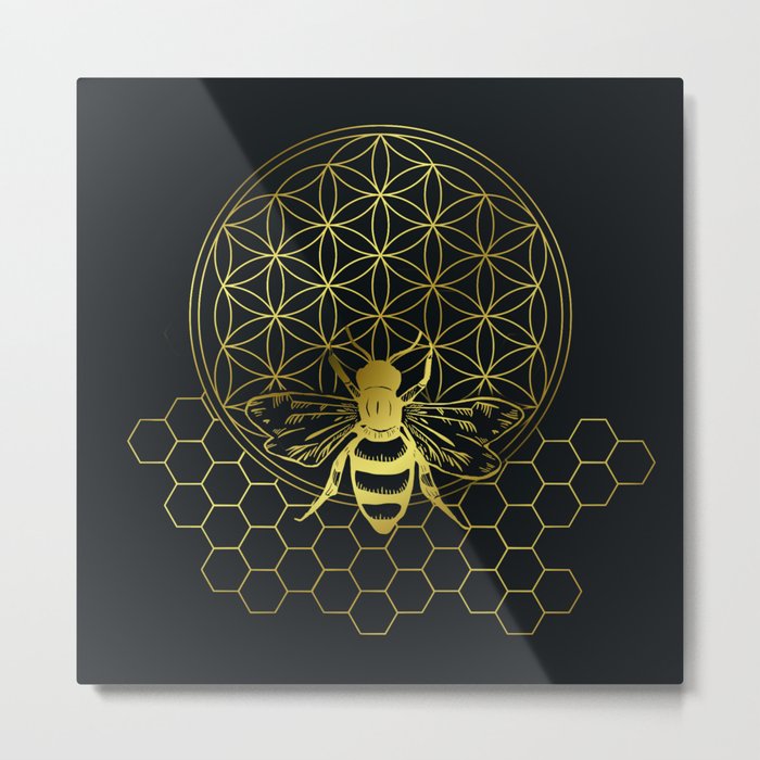 Honey Bee Flower of Life Metal Print