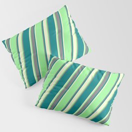 [ Thumbnail: Green, Grey, Teal & Light Yellow Colored Striped Pattern Pillow Sham ]