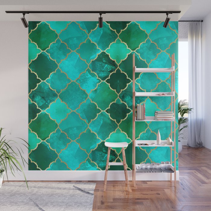 Green Quartz & Gold Moroccan Tile Pattern Wall Mural by tanyadraws