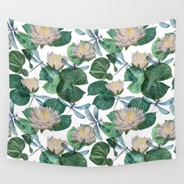 Seamless pattern "Dragonflies on water lilies" Wall Tapestry