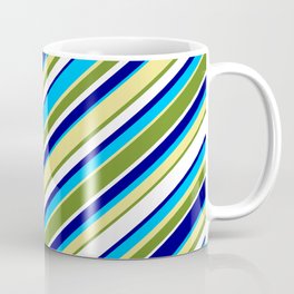 [ Thumbnail: Colorful Blue, Deep Sky Blue, Tan, Green & White Colored Lined Pattern Coffee Mug ]