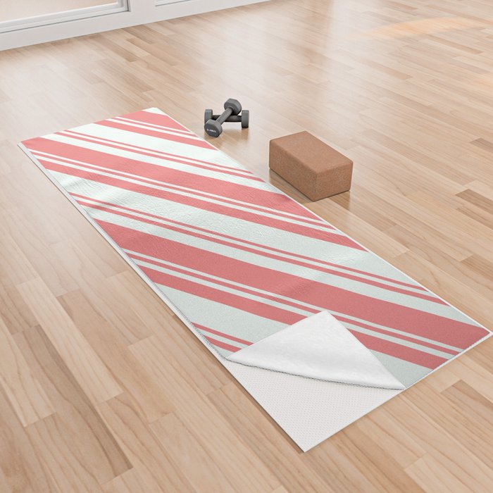 Mint Cream & Light Coral Colored Striped/Lined Pattern Yoga Towel