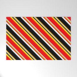 [ Thumbnail: Yellow, Red, Mint Cream, and Black Colored Pattern of Stripes Welcome Mat ]