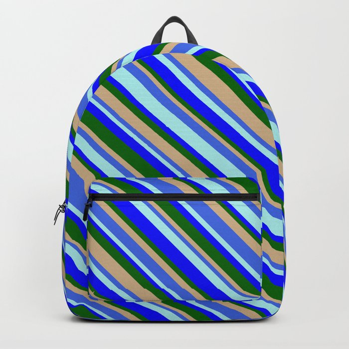 Eye-catching Tan, Royal Blue, Turquoise, Blue & Dark Green Colored Pattern of Stripes Backpack