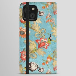 Blue French Floral Silk Pattern iPhone Wallet Case