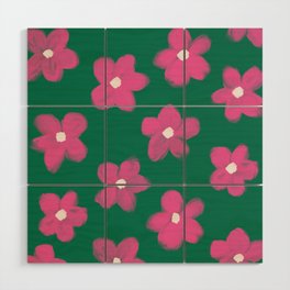 70s 60s Bold Pink Flowers on Green Wood Wall Art
