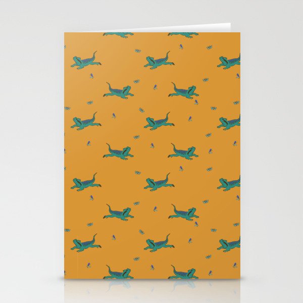 Green lizzard and moth pattern with mustard background Stationery Cards
