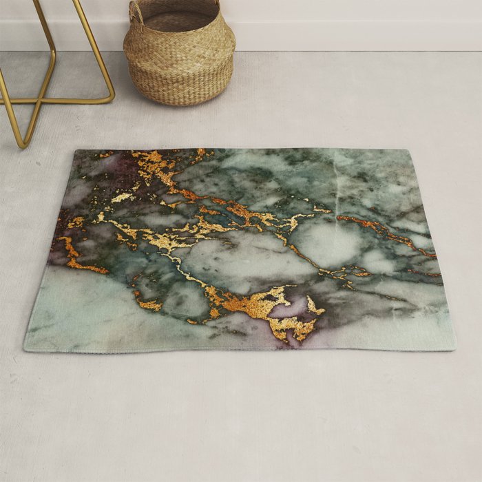 Gray Green Marble Glitter Gold Metallic Foil Style Rug by UtART Society6