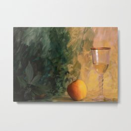 A glass of wine with an apple on a colourful painted background Metal Print