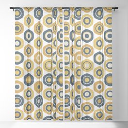 Buttons. Cute Geometric Pattern in Mustard Yellows, Blue, and Taupe on White Sheer Curtain