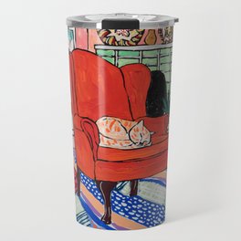Red Armchair in Pink Interior with Houseplants, Ginger Cat, and Spaniel Interior Painting Travel Mug