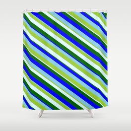[ Thumbnail: Eye-catching Green, Light Cyan, Dark Green, Blue & Sky Blue Colored Lines/Stripes Pattern Shower Curtain ]