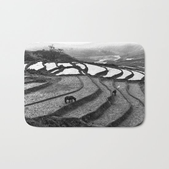 Horses on rice paddies in northern Vietnam Bath Mat