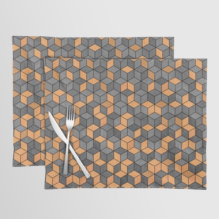 Copper Orange Geometric 3D Concrete Textured Cubes Hexagon Pattern Placemat