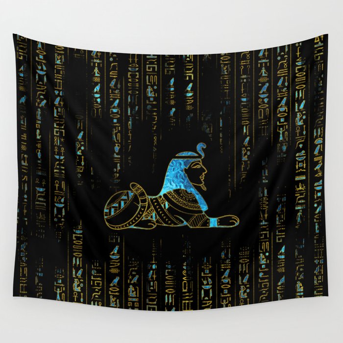 Egyptian  Sphinx on hieroglyphics Blue crystal and gold Wall Tapestry