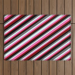 [ Thumbnail: Colorful Dim Gray, Light Cyan, Hot Pink, Maroon & Black Colored Striped/Lined Pattern Outdoor Rug ]