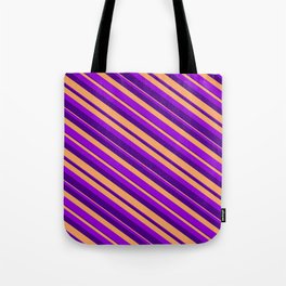 [ Thumbnail: Dark Violet, Indigo & Brown Colored Striped Pattern Tote Bag ]