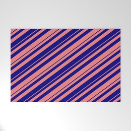 [ Thumbnail: Blue and Light Coral Colored Lined Pattern Welcome Mat ]