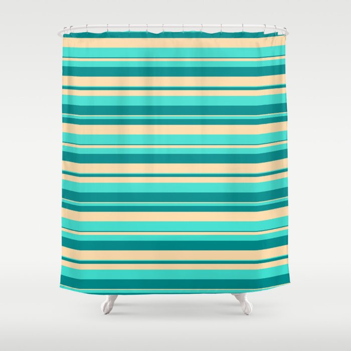 Dark Cyan, Tan & Turquoise Colored Pattern of Stripes Shower Curtain