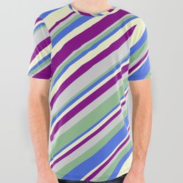 [ Thumbnail: Colorful Light Grey, Dark Sea Green, Royal Blue, Light Yellow & Purple Colored Lined/Striped Pattern All Over Graphic Tee ]