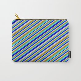 [ Thumbnail: Turquoise, Blue, Light Gray & Dark Goldenrod Colored Pattern of Stripes Carry-All Pouch ]
