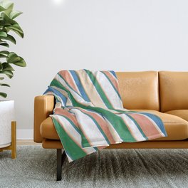 [ Thumbnail: Eye-catching Dark Salmon, Sea Green, Blue, White, and Bisque Colored Stripes Pattern Throw Blanket ]