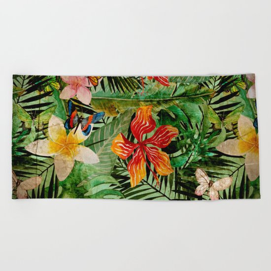 Tropical Vintage Exotic Jungle Flower Flowers - Floral watercolor pattern Beach Towel