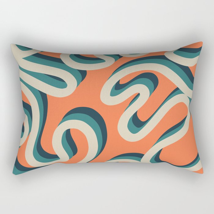 Enae - Dark Blue and Green Retro Ribbon Swirl Pattern on Orange Rectangular Pillow