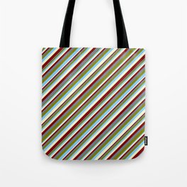 [ Thumbnail: Maroon, Slate Gray, Green, Light Sky Blue, and Light Yellow Colored Stripes/Lines Pattern Tote Bag ]