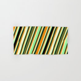 [ Thumbnail: Colorful Dark Orange, Light Yellow, Green, Black, and Dark Olive Green Colored Pattern of Stripes Hand & Bath Towel ]