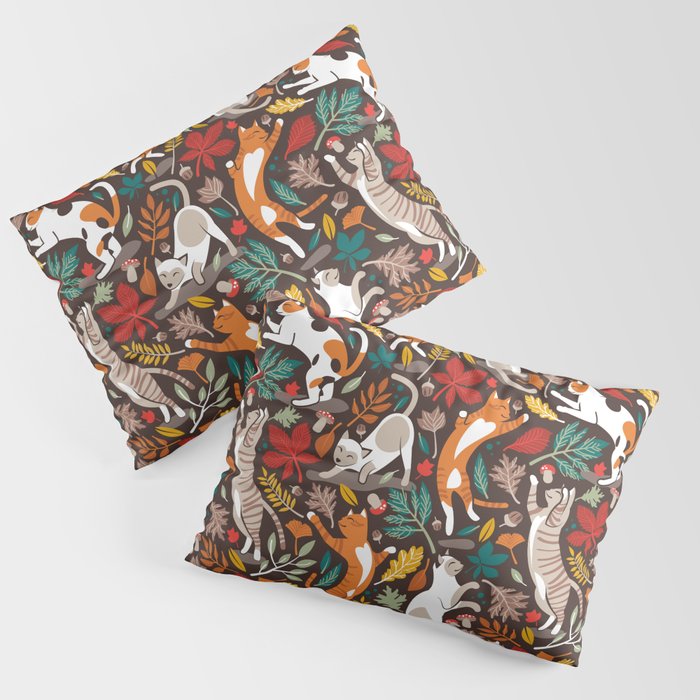 Autumn joy // brown oak background cats dancing with many leaves in fall colors Pillow Sham