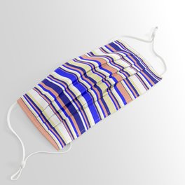 [ Thumbnail: Pale Goldenrod, White, Blue, Dark Salmon, and Dark Blue Colored Pattern of Stripes Face Mask ]