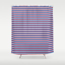 [ Thumbnail: Dark Slate Blue, Sky Blue, and Light Coral Colored Stripes Pattern Shower Curtain ]