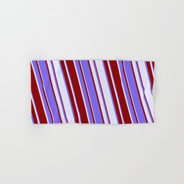 [ Thumbnail: Medium Slate Blue, Lavender & Dark Red Colored Stripes/Lines Pattern Hand & Bath Towel ]